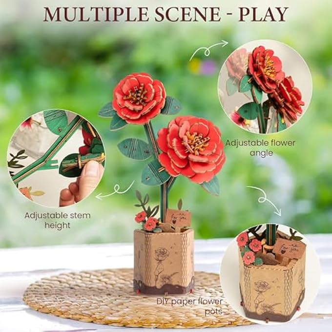 3D PUZZLE WOODEN FLOWER RED CAMELLIA DIY MODEL KIT TO BUILD FOR ADULTS ARTIFICAL BOUQUET COLLECTION CRAFT BRAIN TEASER PUZZLE CREATIVE GIFT HOME DECOR - Image 3